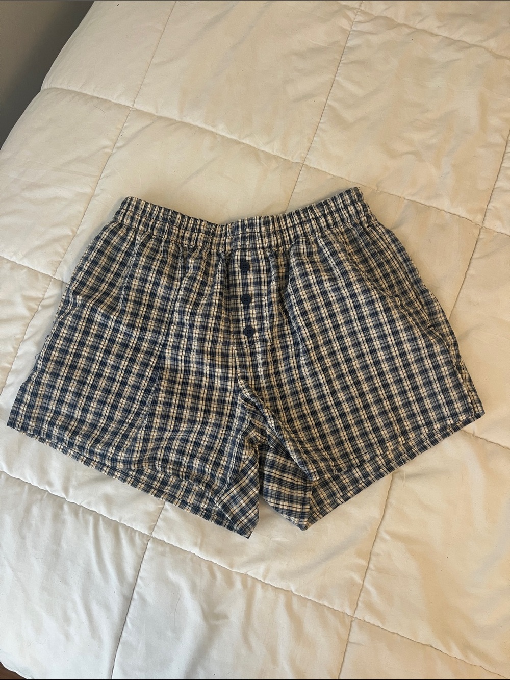 Plaid Cotton Boxer-Style Shorts - Blue/White
